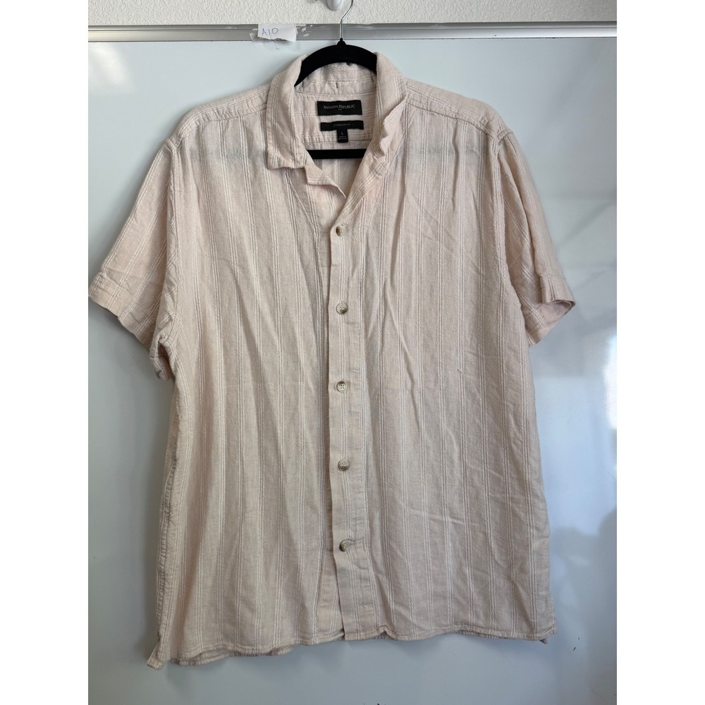 Banana Republic Mens Linen Blend Stripe Short Sleeve Shirt Beige Large Standard